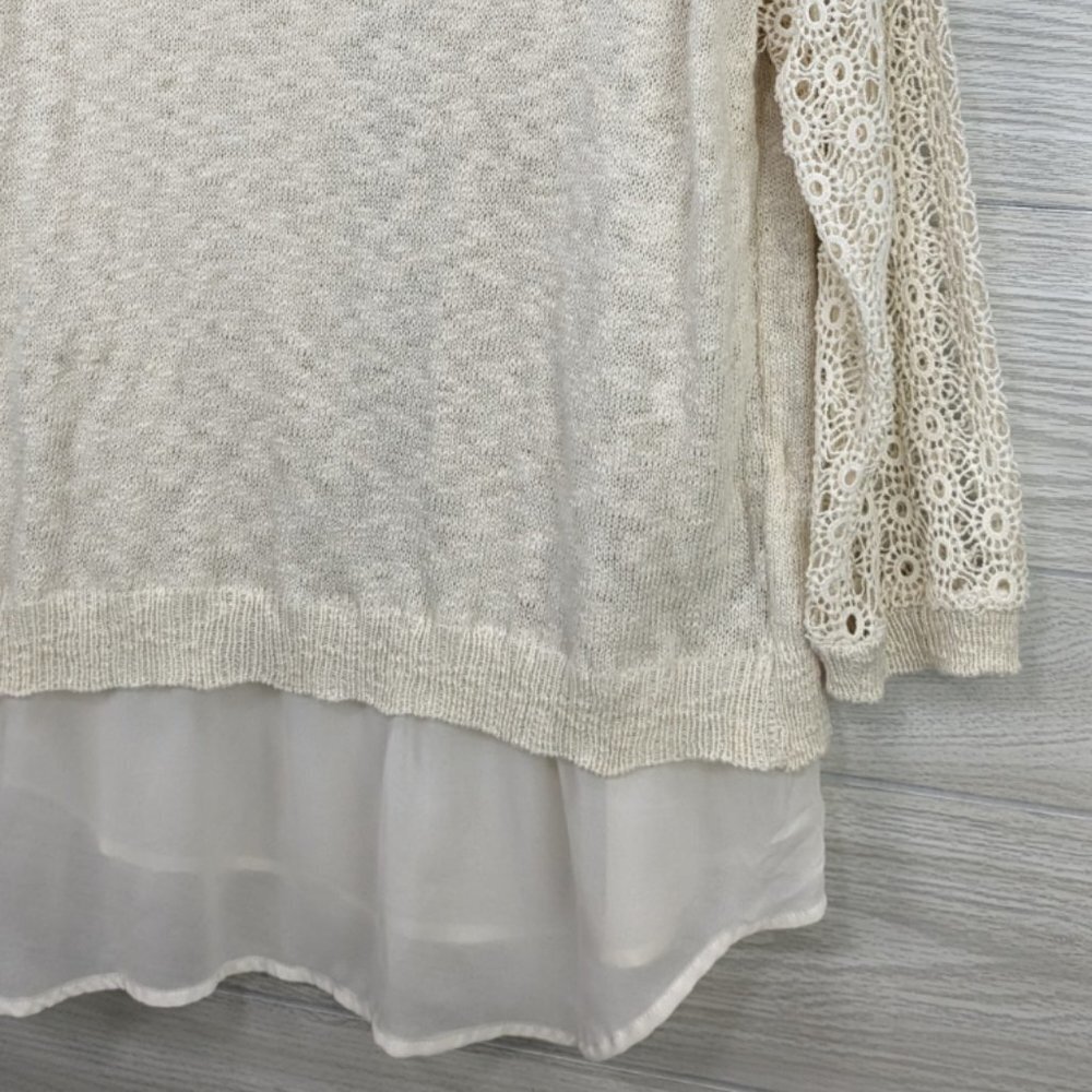 Roz & Ali Cream Crochet Knit Chiffon Trim Sweater - Picture 5 of 8